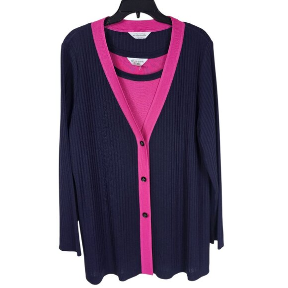 Misook Navy & Pink Ribbed Button-Up Sweater Jacket Set 1X Knit Career Office - Picture 1 of 13